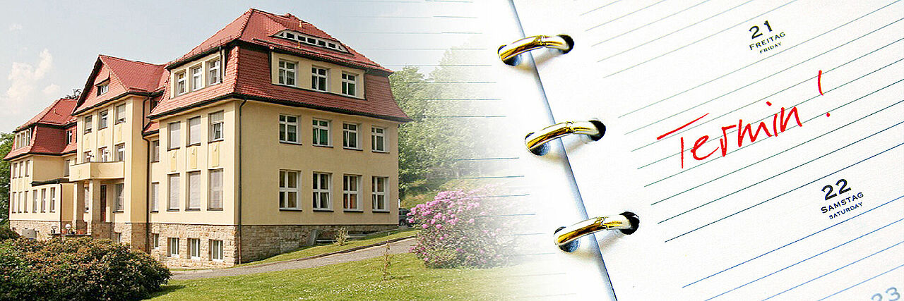 Fotocollage: links Haupthaus der Kureinrichtung, rechts Kalenderblatt mit Schriftzug "Termin"